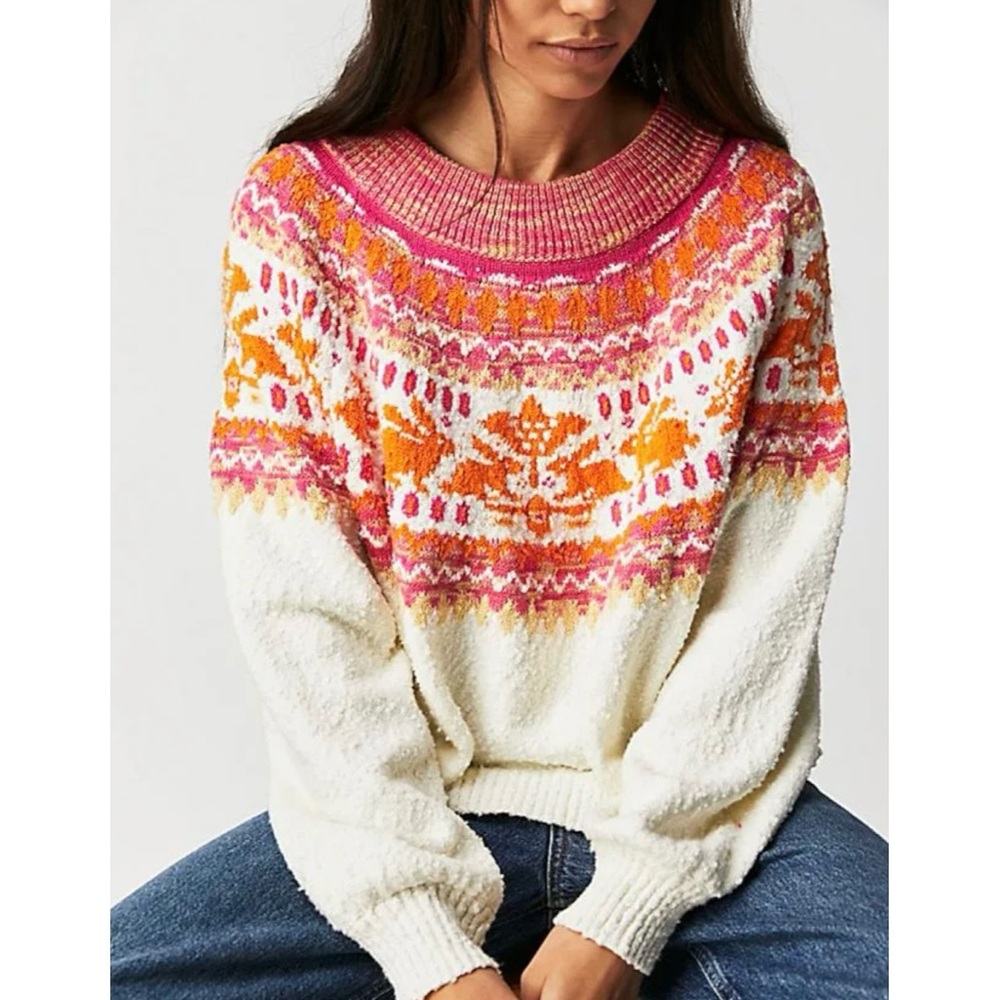 Free People Pink and Orange Fair Isle Sweater
